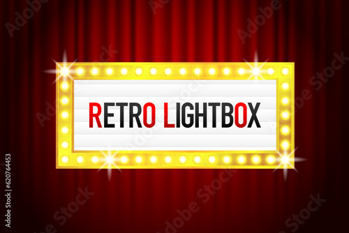 Retro lightbox template with light bulbs. Board isolated on background. Banner advertising, party, promotion and sale billboard, cinema or restaurant. Vector illustration. photo