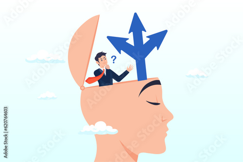 Businessman decide way of success in his own head, decision to choose choice, option or opportunity, challenge to select career path, decide business direction, thinking for solution or doubt (Vector)