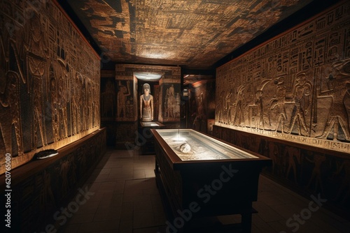 Exploring ancient Egyptian pharaoh tombs; King Tut's tomb, illuminated Pyramid interiors with hieroglyphs and ancient art. Generative AI photo