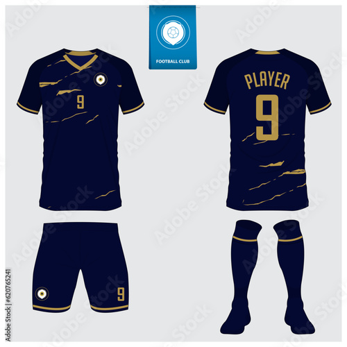 Set of soccer jersey or football kit mockup design for football club. Football shirt, short, sock template. Soccer uniform in front view, back view. Football badge in flat design. 