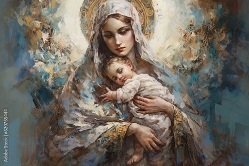 Valokuva Photo illustration of the Orthodox Mother of God Virgin Mary with the baby bibli