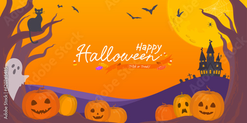 ハロウィンのイラスト　カボチャとコウモリがいるオレンジ色と紫色のバナー背景