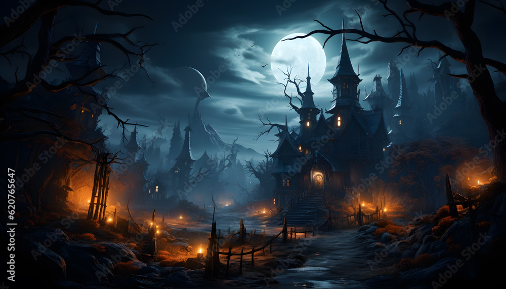 A house shrouded in ghostly tales, a moonlit pumpkin patch evoking an air of mystery.