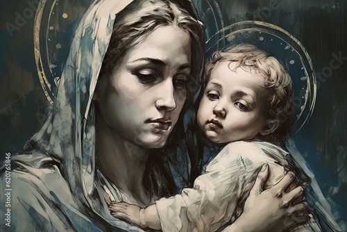 Photo illustration of the Orthodox Mother of God Virgin Mary with the baby biblical picture AI