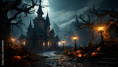 A spooky house with ghostly presence, a pumpkin patch illuminated by the eerie glow of the full moon at night