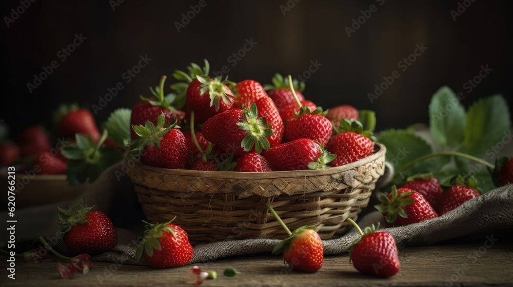 Closeup Fresh Strawberries in a bamboo basket with blur background Closeup Fresh Strawberries in a bamboo basket with blur background