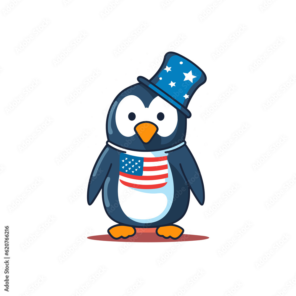 Obraz premium Penguin, 4th of July Cute in the style of colorful, Generative Ai