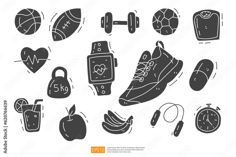 Fitness and healthy life doodle icon set. vector illustration Fitness and healthy life doodle icon set. vector illustration