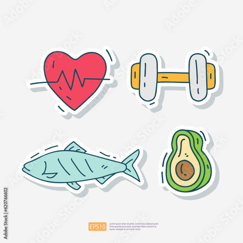 heartbeat rate, barbel dumbbell, fish, fruits avocado slice doodle icon. Sport Fitness and healthy life Sticker Set Vector Illustration