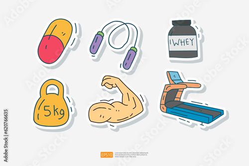 vitamin capsule, skipping jumping rope, whey protein, kettlebell fitness, muscle arm, treadmill running machine doodle icon. Sport Fitness and healthy life Sticker Set Vector Illustration