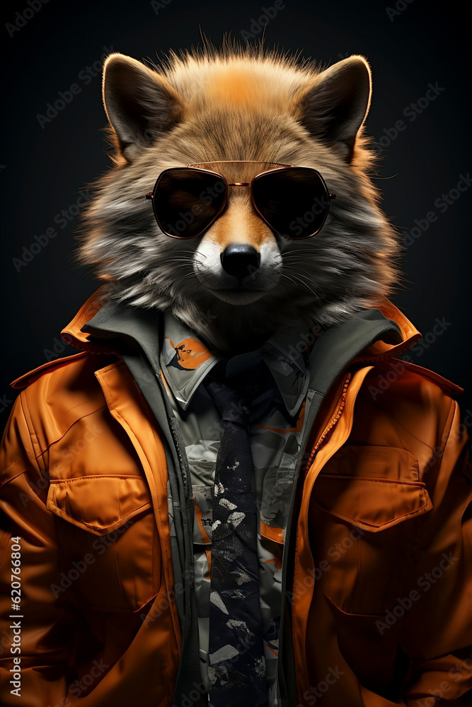 Portrait of a fox dressed as a human with sun glasses, super cool, modern, funny. Generative AI.