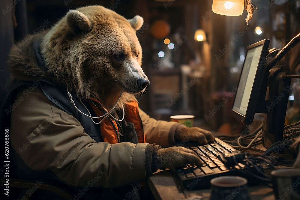 A bear doing home office. A bear working. Generative AI.