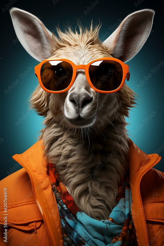 Portrait of a kangaroo dressed as a human with sun glasses, super cool, modern, funny. Generative AI.