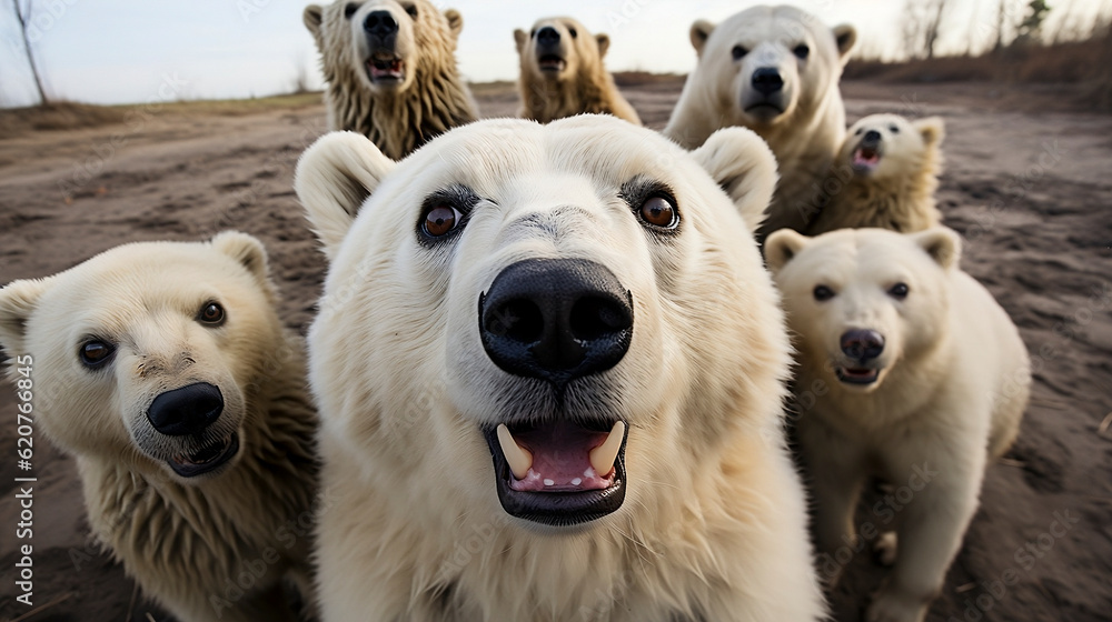 A group of polar bears taking a selfie. Generative AI.