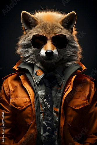 Obraz na płótnie Portrait of a fox dressed as a human with sun glasses, super cool, modern, funny. Generative AI. w salonie
