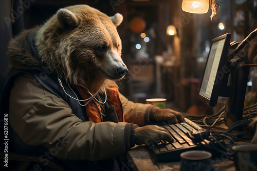 Obraz na płótnie A bear doing home office. A bear working. Generative AI. w salonie