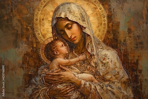 Canvas Print Photo illustration of the Orthodox Mother of God Virgin Mary with the baby bibli