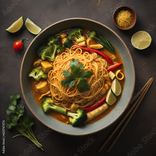 A bowl of steaming Thai curry noodles  brimming with tender noodles  crisp vegetables  and aromatic herbs