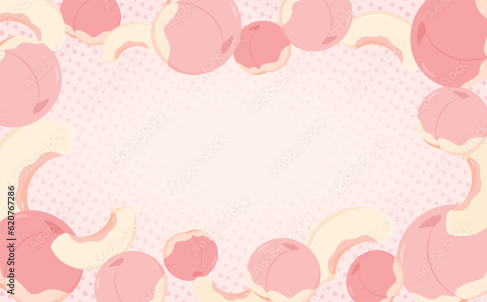 ポップで可愛い桃・ピーチのリアルイラスト横長背景フレームベクター素材_ピンク色と手描きのドット