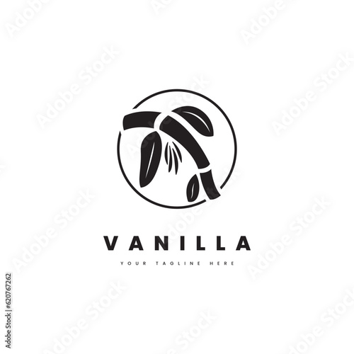 Vanilla logo. Vanilla silhouette plant with a minimalist circle frame, for logos with vanilla aroma.