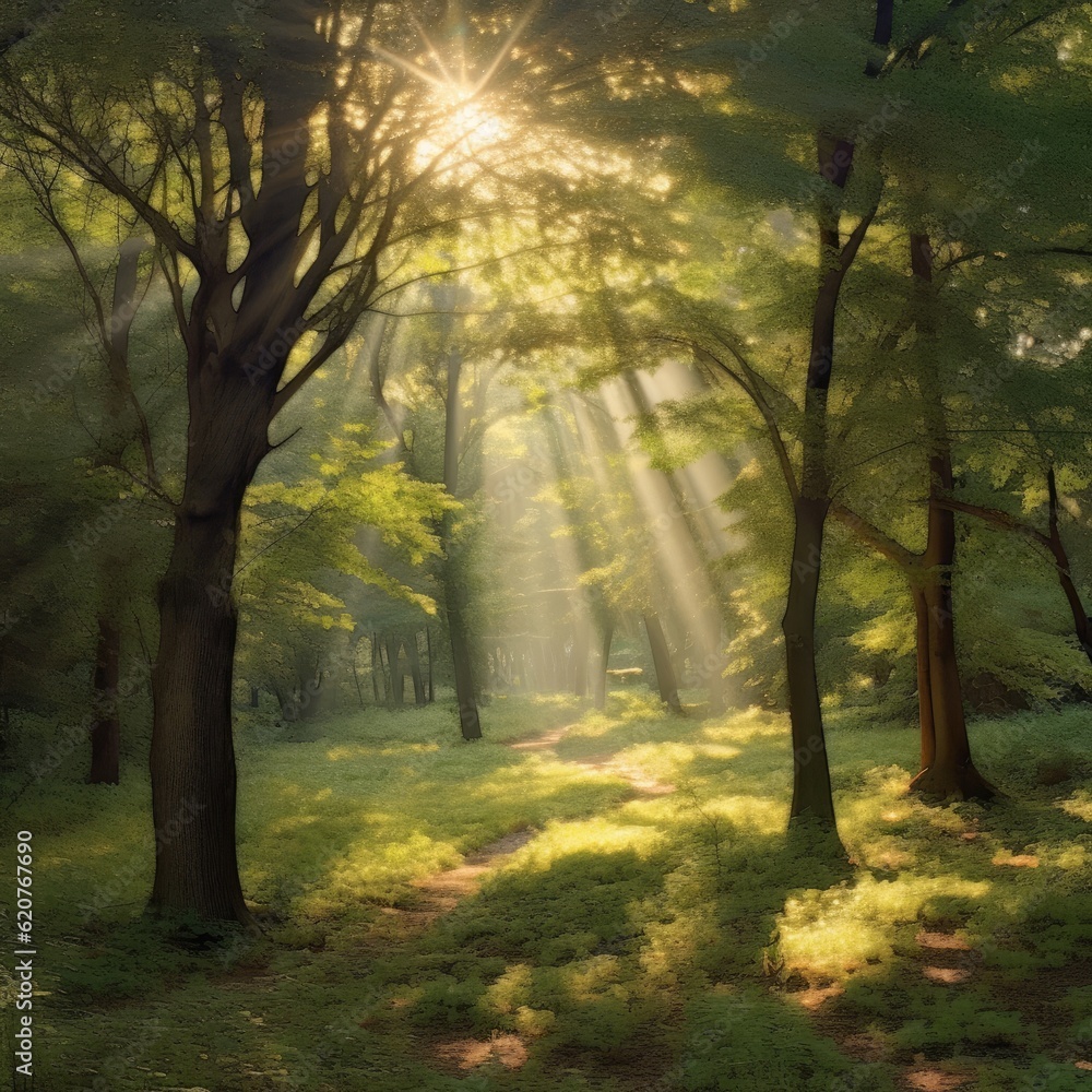 Beautiful forest landscape with sunbeams in the morning light