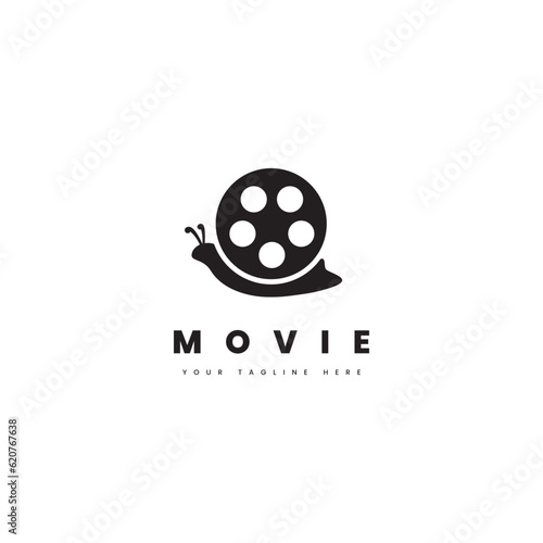 Movie logo. Illustration of snail with roll film shell, for film logo or video playback logo.