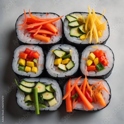 Vibrant rainbow sushi rolls, featuring a variety of colorful vegetables like cucumber, carrot, bell peppers, and avocado, wrapped in sushi rice and nori