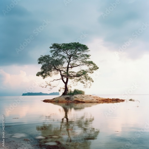 Lonely tree on a small island in the sea at sunset