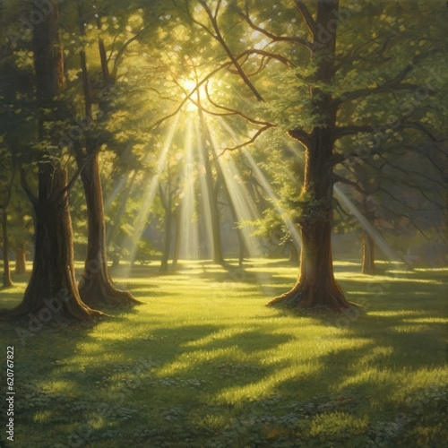 Beautiful forest landscape with sunbeams in the morning light © RoyalLove