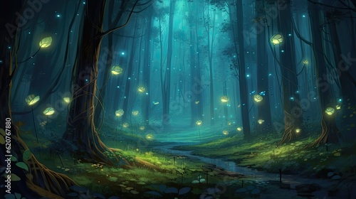 Fantasy dark forest with fog and fireflies