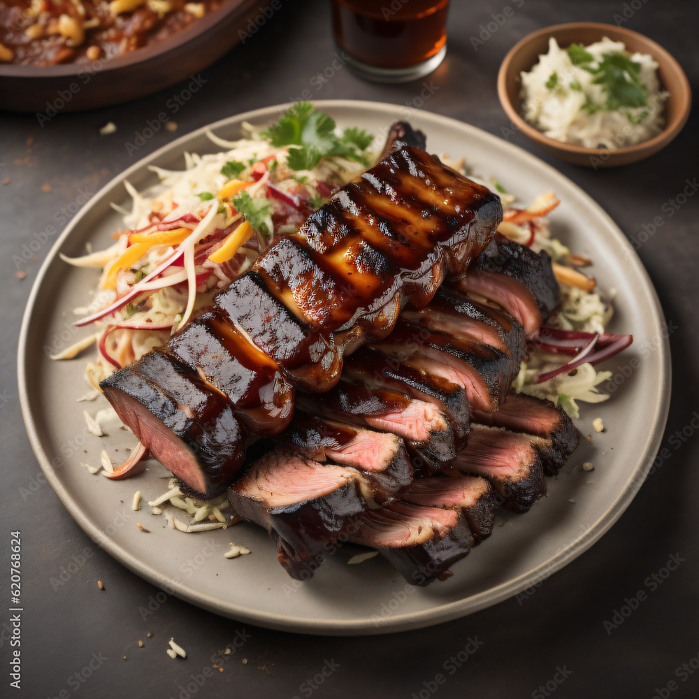 A plate of mouthwatering BBQ ribs, slow-cooked to perfection, glazed with a tangy BBQ sauce, served with a side of coleslaw A plate of mouthwatering BBQ ribs, slow-cooked to perfection, glazed with a tangy BBQ sauce, served with a side of coleslaw