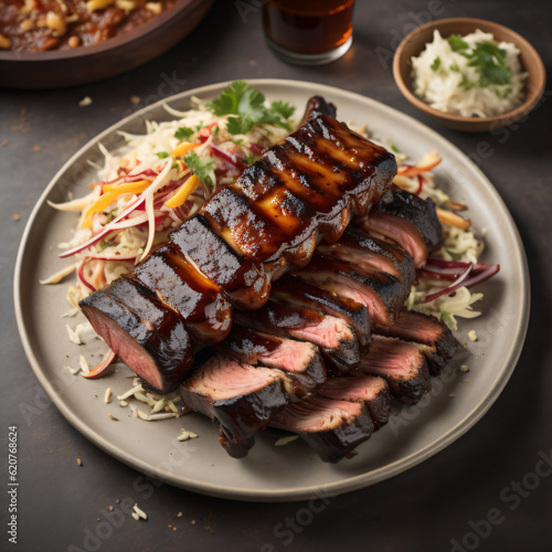 A plate of mouthwatering BBQ ribs, slow-cooked to perfection, glazed with a tangy BBQ sauce, served with a side of coleslaw