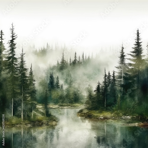 Watercolor Lake surrounded by fog and trees