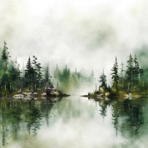 Watercolor Lake surrounded by fog and trees © EVERMUSHROOM