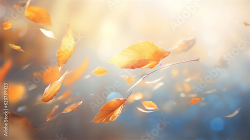 autumn leaves on wooden background with dramatic dreamy light, created using generative AI tools