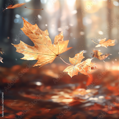 autumn leaves on wooden background with dramatic dreamy light  created using generative AI tools