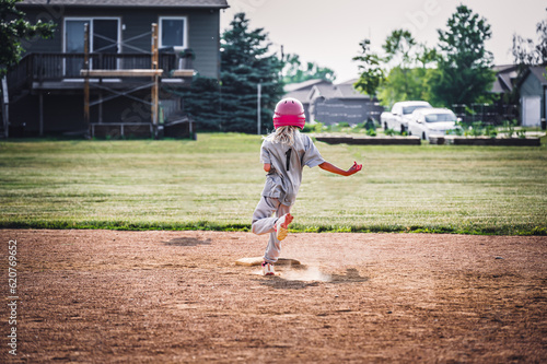 Young girl running to second base after a hit with dust coming up from the field. 