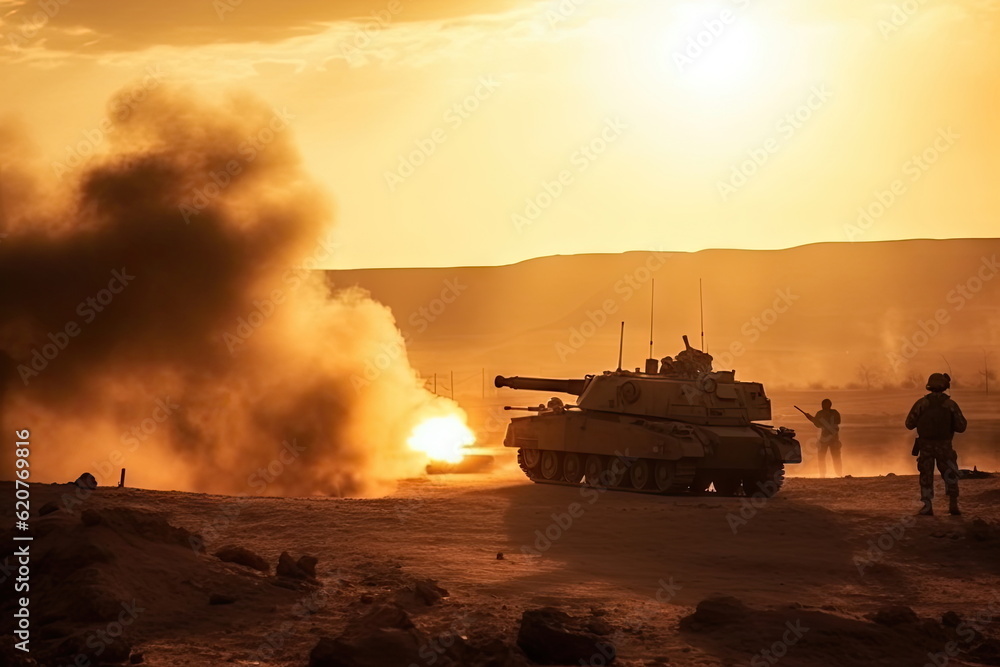 soldiers crosses warzone with fire and smoke in the desert, military special forces, tank soldiers crosses warzone with fire and smoke in the desert, military special forces, tank