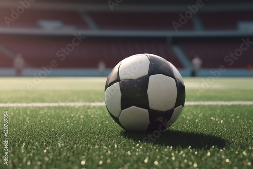 ball on the green field with soccer stadium