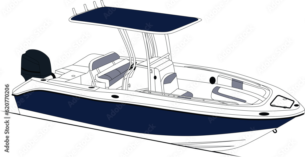 Vector, line art and color image of fishing boat on a white background.	