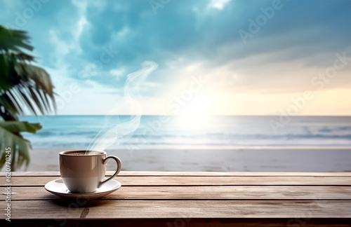 white cup of coffee and smoke on a wooden table with sky and sea background. copy space for text, Vacations, summer