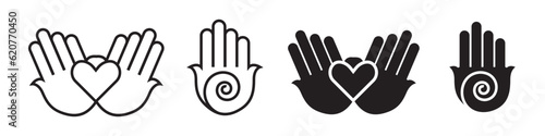 Supporting hands with heart icon set collection. Ethnic spiritual illusion vertigo sign. Symbol of Healing hypnotist. Spiral swirl shape shows unstable unconscious mind care. Love, help web app ui.