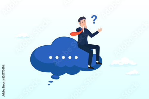 Thoughtful businessman sitting like thinker on thinking bubble, think of solution, critical thinking to solve problem, focus on new idea, concentration or contemplation, skeptical or rational (Vector)