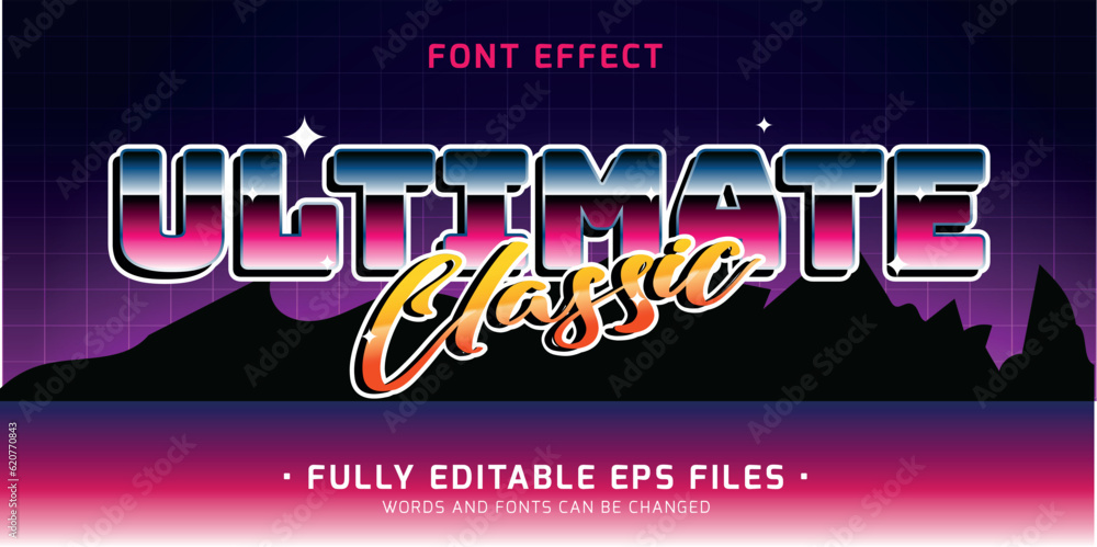80's classic chrome style text effect. Editable font style