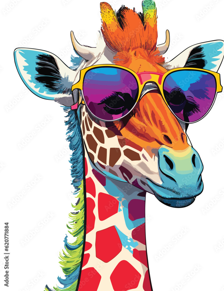 Vibrant rainbow zebra in sunglasses on summer holiday.
