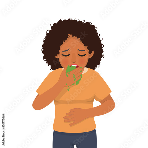 Sick young African woman vomiting having nausea and stomach pain