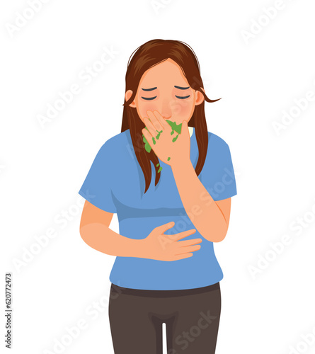 Sick young woman vomiting having nausea and stomach pain