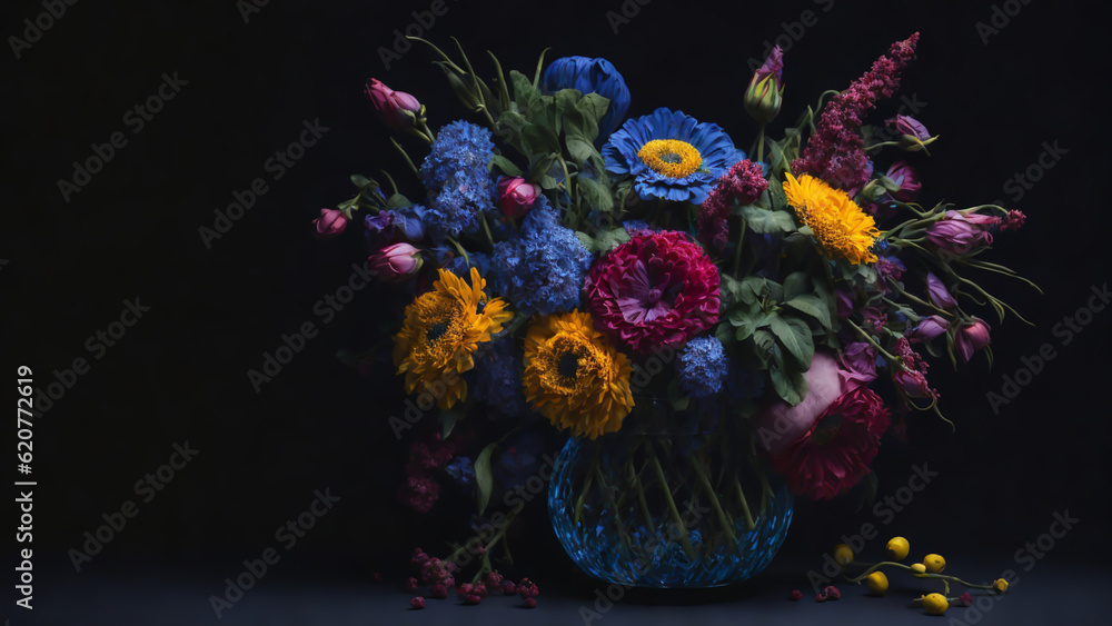 Fototapeta premium Beautiful flowers arranged in a blue glass vase stand out boldly against the black background, creating a striking and captivating contrast.