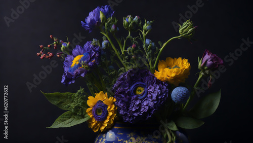 Purple and yellow flowers gracefully bloom in a vibrant blue vase, their hues harmonizing with the intricate patterns against the dramatic black backdrop.