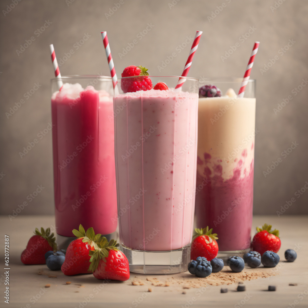 A refreshing medley of berry smoothie and milkshake, bursting with vibrant colors and flavors. Beige background provides a neutral canvas for your food and drink product promotion A refreshing medley of berry smoothie and milkshake, bursting with vibrant colors and flavors. Beige background provides a neutral canvas for your food and drink product promotion